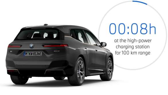 BMW iX i20 2021 електричний кросовер BMW iX xDrive50 заряджається на громадській станції BMW iX i20 2021 електричний кросовер BMW iX xDrive40 кольору Sophisto Grey заряджається на громадській високопотужній станції
