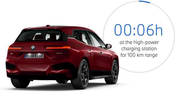 BMW iX i20 2021 електричний кросовер BMW iX xDrive50 заряджається на громадській станції BMW iX i20 2021 електричний кросовер BMW iX xDrive50 кольору Aventurin Red заряджається на громадській високопотужній станції