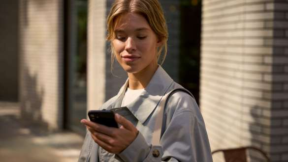 Женщина смотрит в смартфон Женщина стоя смотрит в смартфон