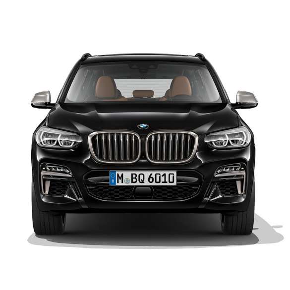 BMW X3 M40i и BMW X3 M40d, вид спереди. BMW X3 M40i и BMW X3 M40d в Black Sapphire металлик, экстерьер, вид спереди.
