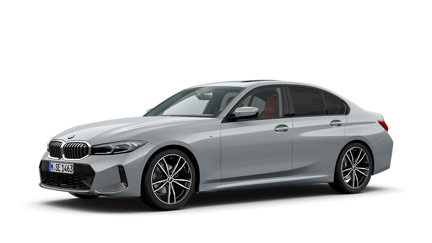 Седан BMW 3 серии LCI G20, вид сбоку на фоне стены Седан BMW 3 серии LCI G20 в цвете Brooklyn Grey, вид сбоку на фоне стены